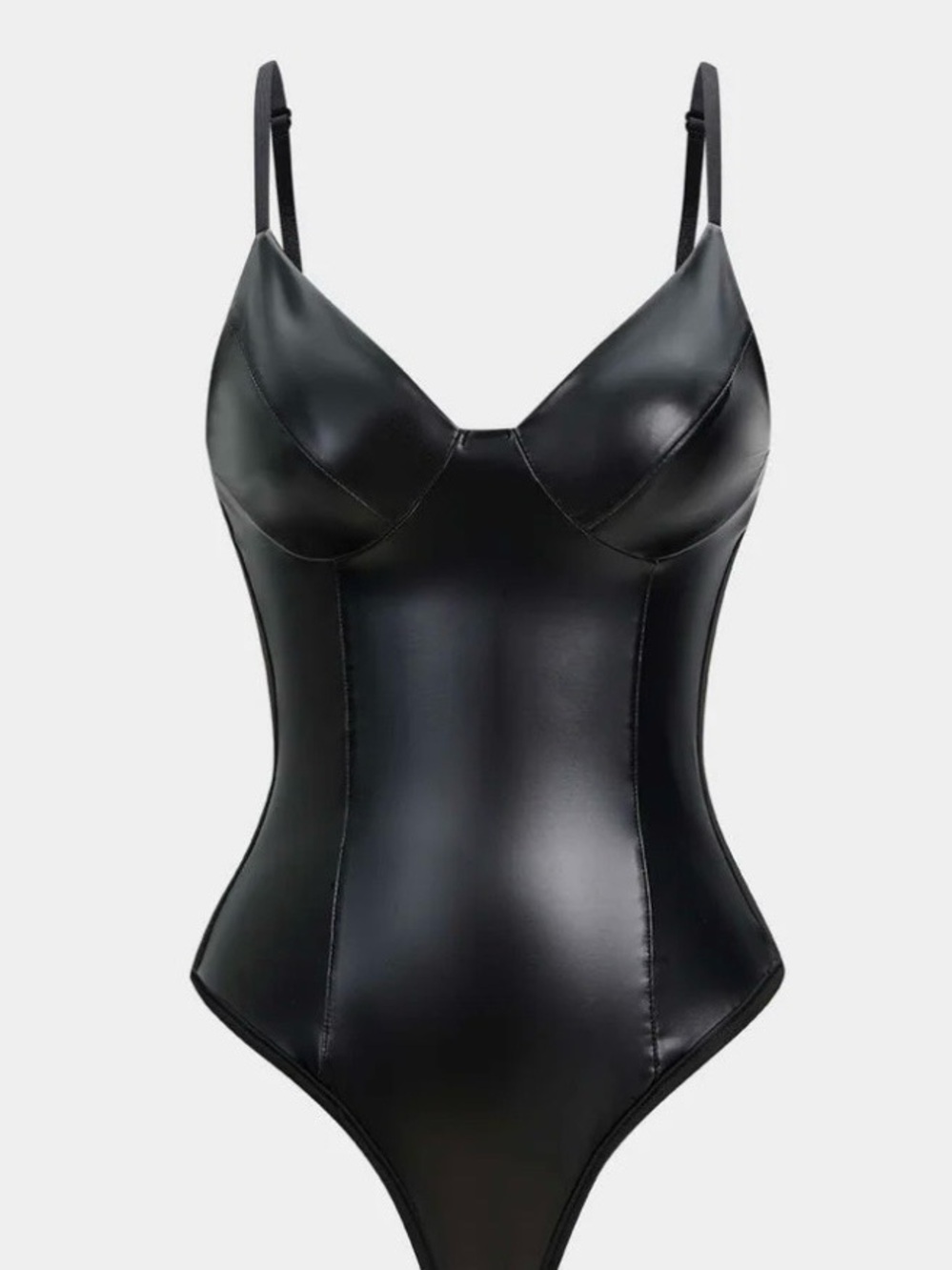 Sleek Black Faux-Leather Bodysuit with Adjustable Straps